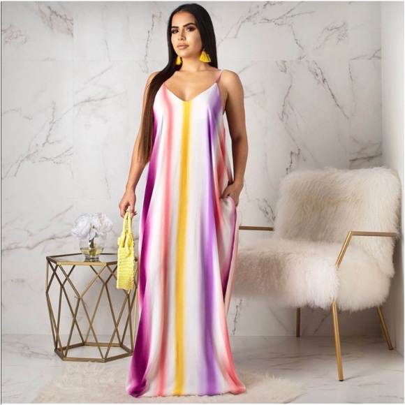 Love in Dresses & Skirts - Rainbow color striped maxi dress with pockets